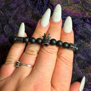 Matte Black Obsidian Crystal Bracelet With Crown and Decorative Beads